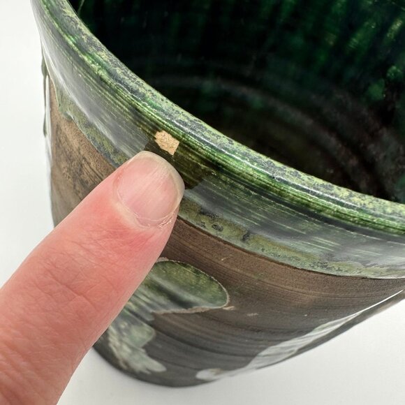 Vintage Raku Pottery Planter Vase Signed St John 99 Black Green Abstract Seaweed - Picture 9 of 10